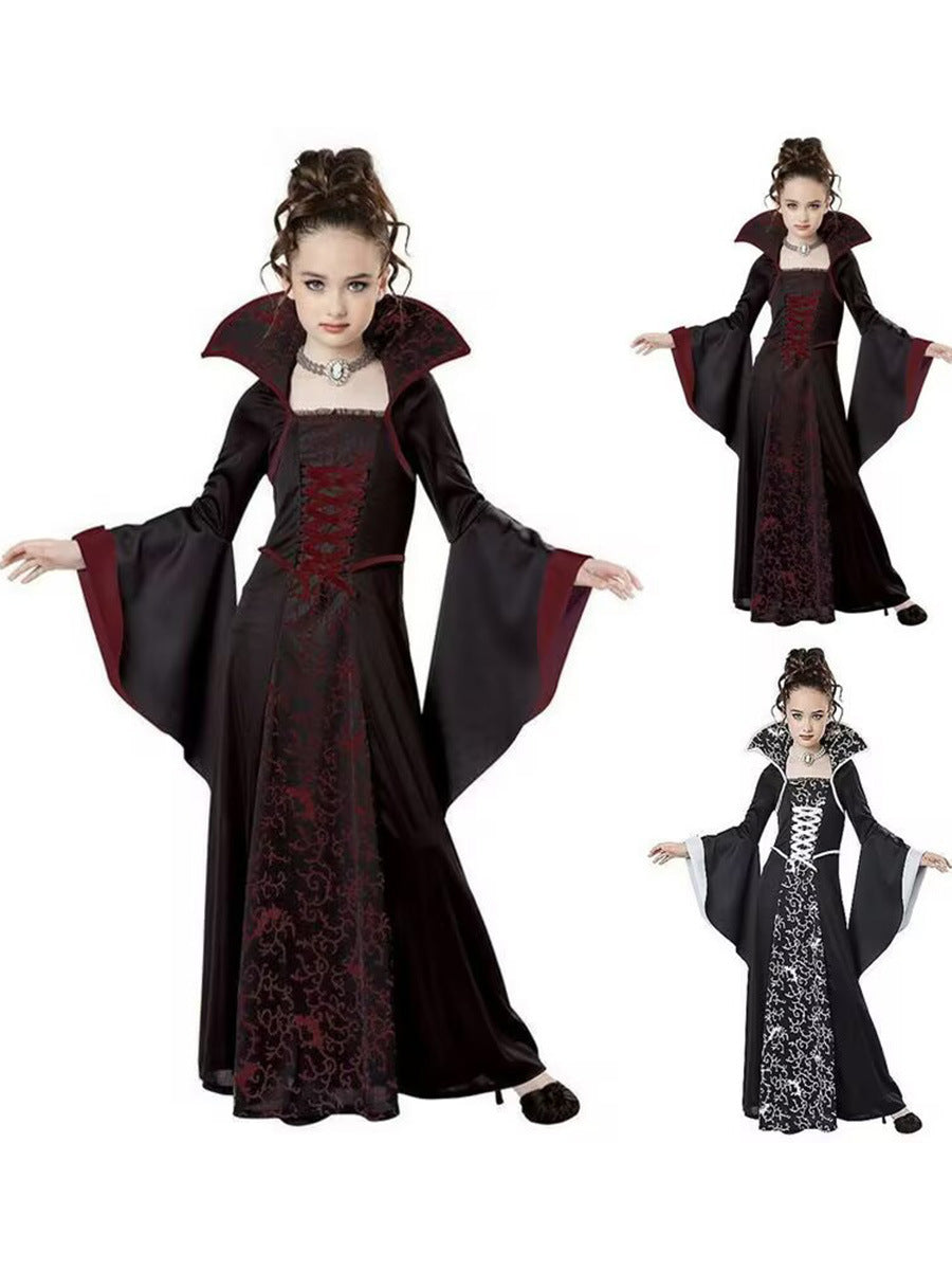 Children's Halloween Costume Witch Retro Lace Up Stand-up Collar Flared Sleeves Printed Maxi Dress