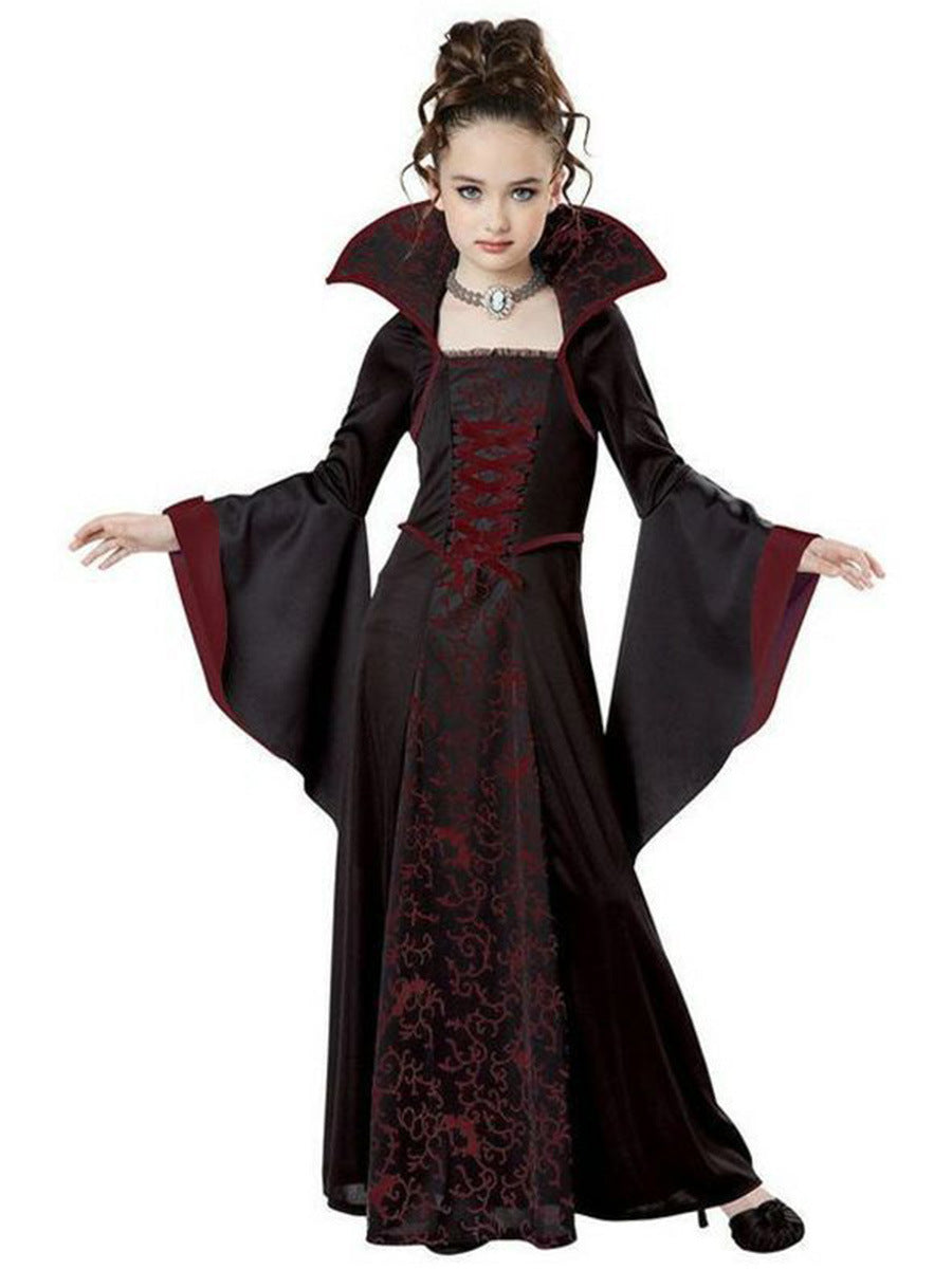 Children's Halloween Costume Witch Retro Lace Up Stand-up Collar Flared Sleeves Printed Maxi Dress
