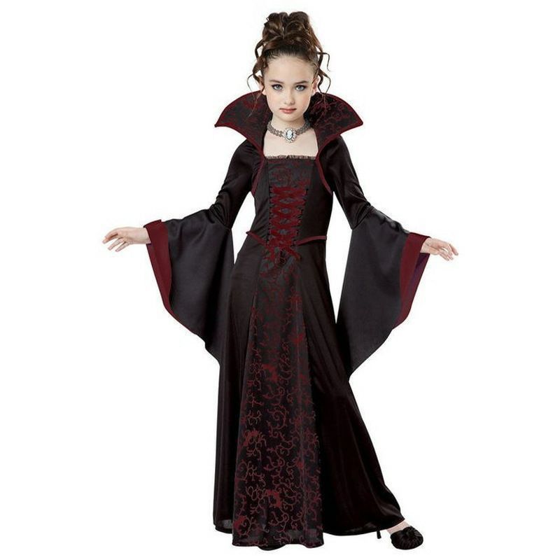 Children's Halloween Costume Witch Retro Lace Up Stand-up Collar Flared Sleeves Printed Maxi Dress
