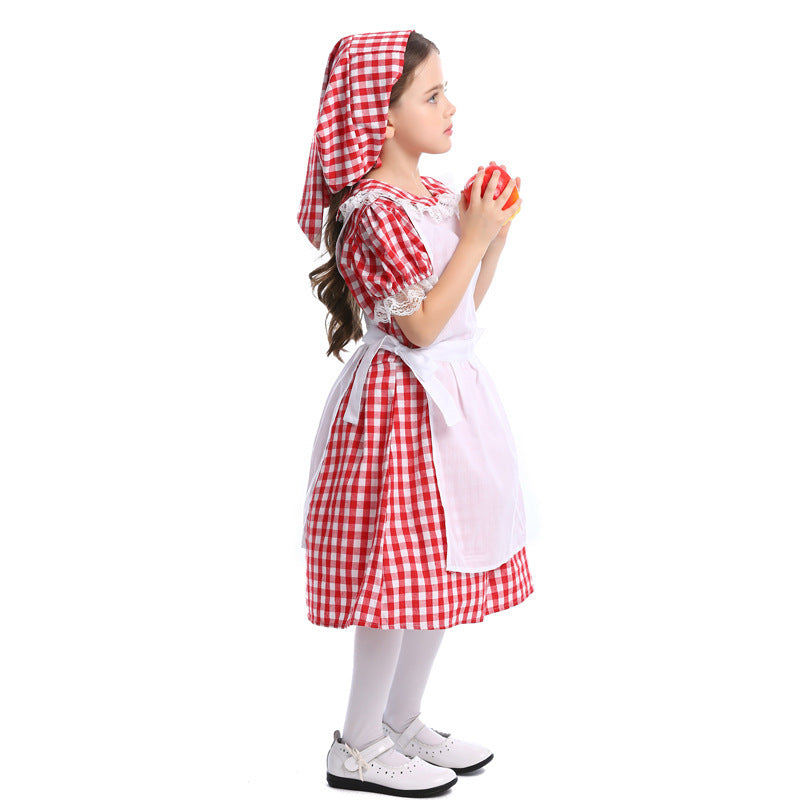 Halloween Fairy Tale Cosplay Lace Red Plaid Beer Outfit Little Maid Farm Costume
