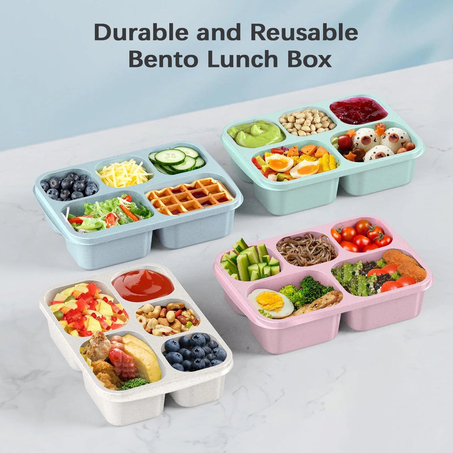 Bento Lunch Boxes, 4 Pack Bento Box, Reusable Lunch Box with 5 Compartments Meal Prep Containers, Snack Containers with Utensils & Transparent Lids, Microwave Dishwasher Safe