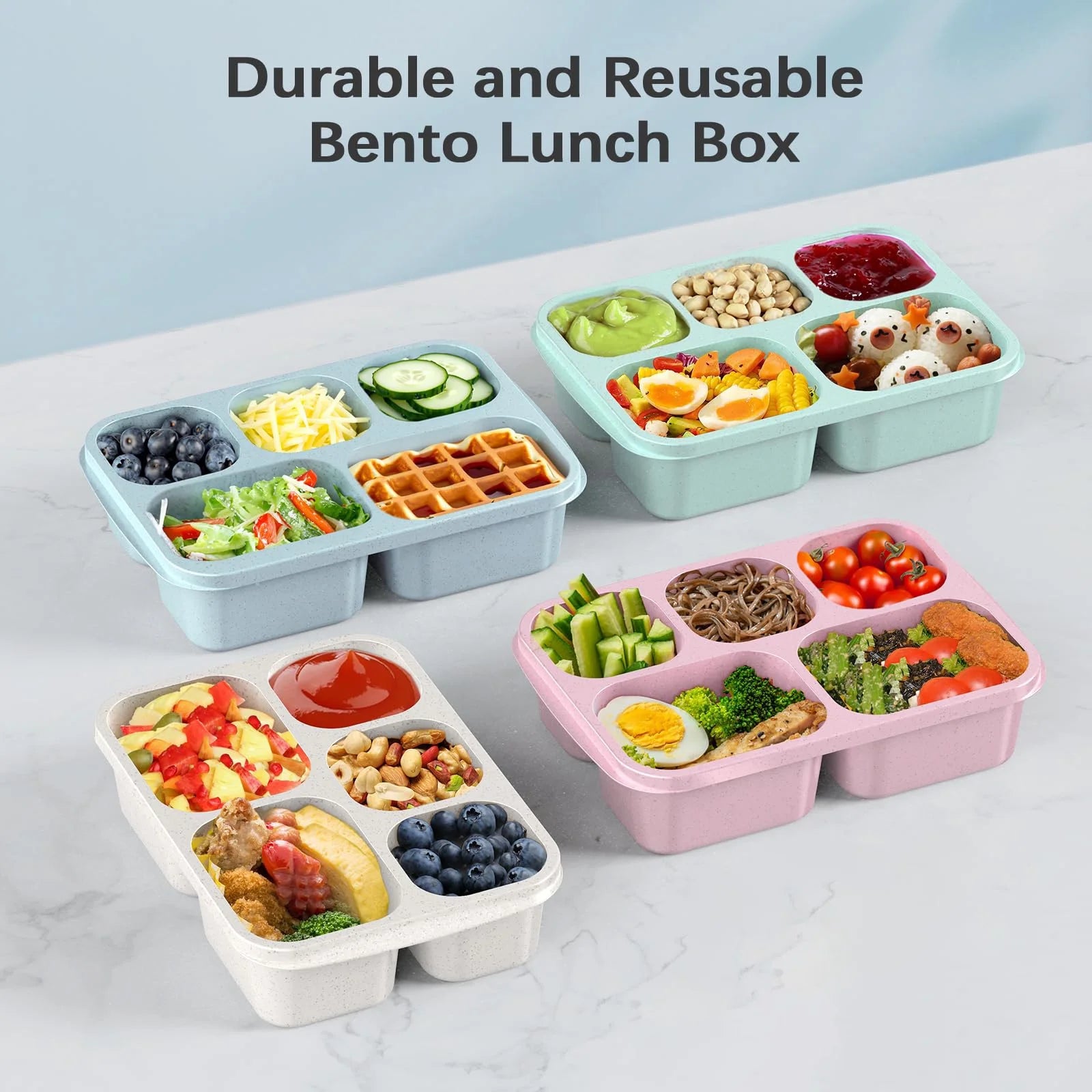 Bento Lunch Boxes, 4 Pack Bento Box, Reusable Lunch Box with 5 Compartments Meal Prep Containers, Snack Containers with Utensils & Transparent Lids, Microwave Dishwasher Safe