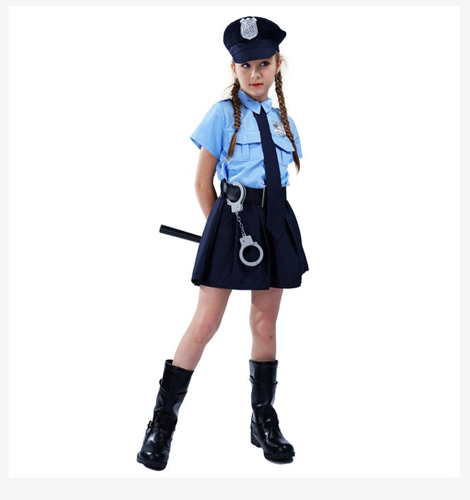 Halloween Children's Dress-up Costume Cute Police Uniform Girls' Slim-fit One-piece Long Sleeves Police Dress