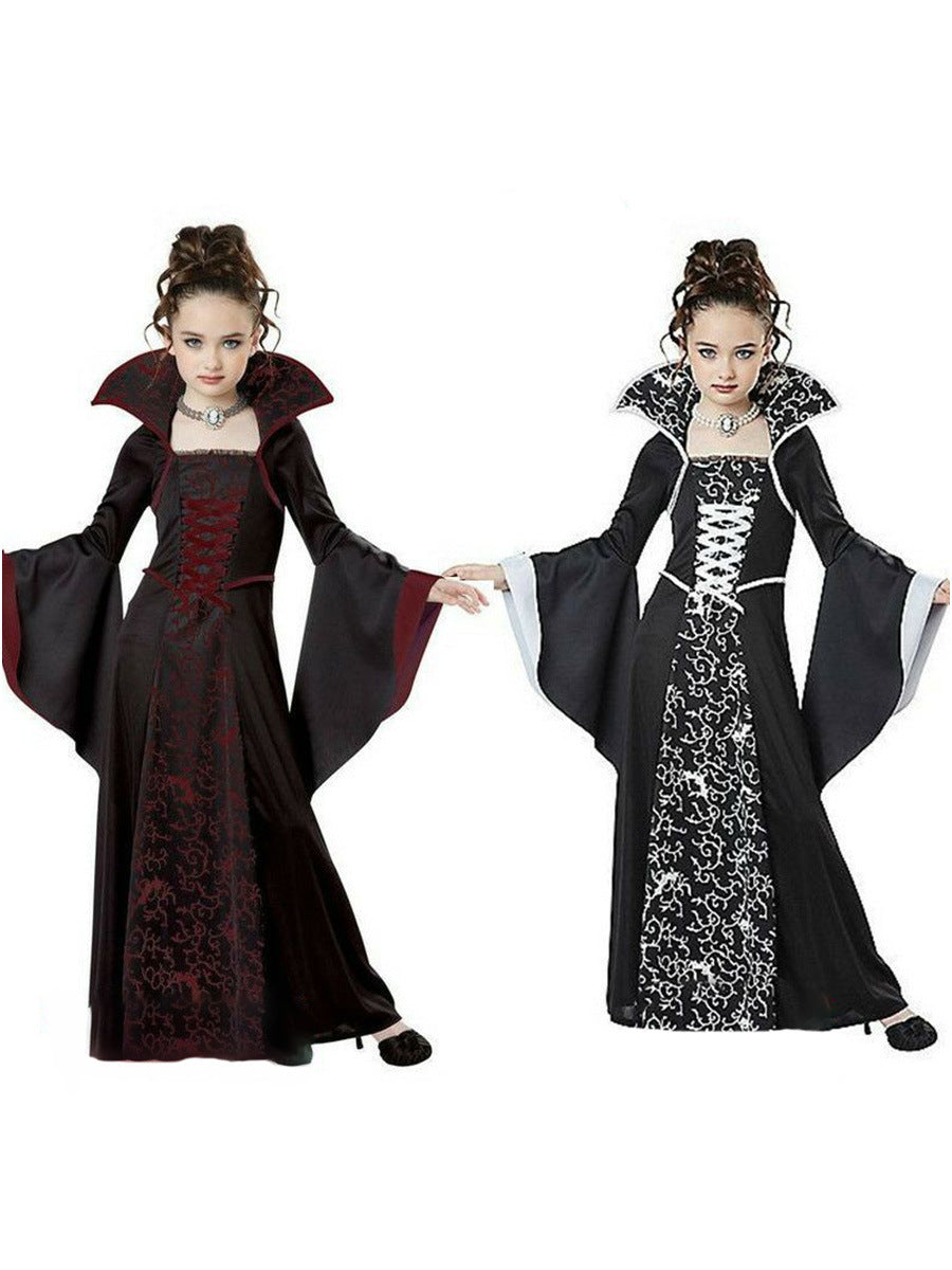 Children's Halloween Costume Witch Retro Lace Up Stand-up Collar Flared Sleeves Printed Maxi Dress