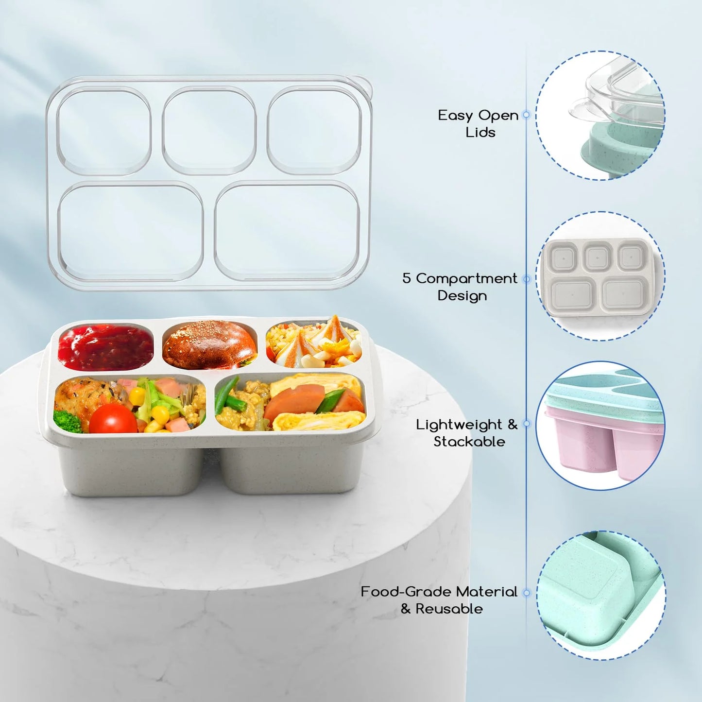 Bento Lunch Boxes, 4 Pack Bento Box, Reusable Lunch Box with 5 Compartments Meal Prep Containers, Snack Containers with Utensils & Transparent Lids, Microwave Dishwasher Safe