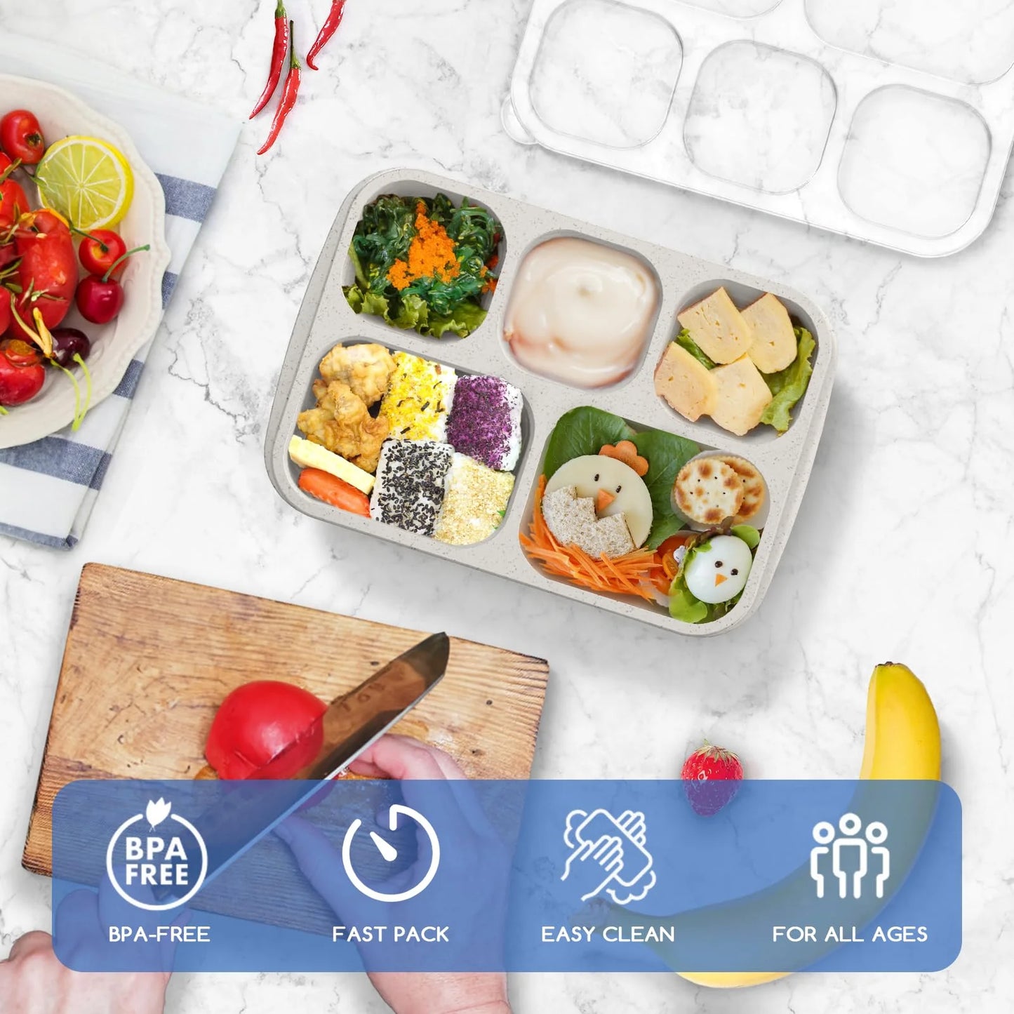 Bento Lunch Boxes, 4 Pack Bento Box, Reusable Lunch Box with 5 Compartments Meal Prep Containers, Snack Containers with Utensils & Transparent Lids, Microwave Dishwasher Safe