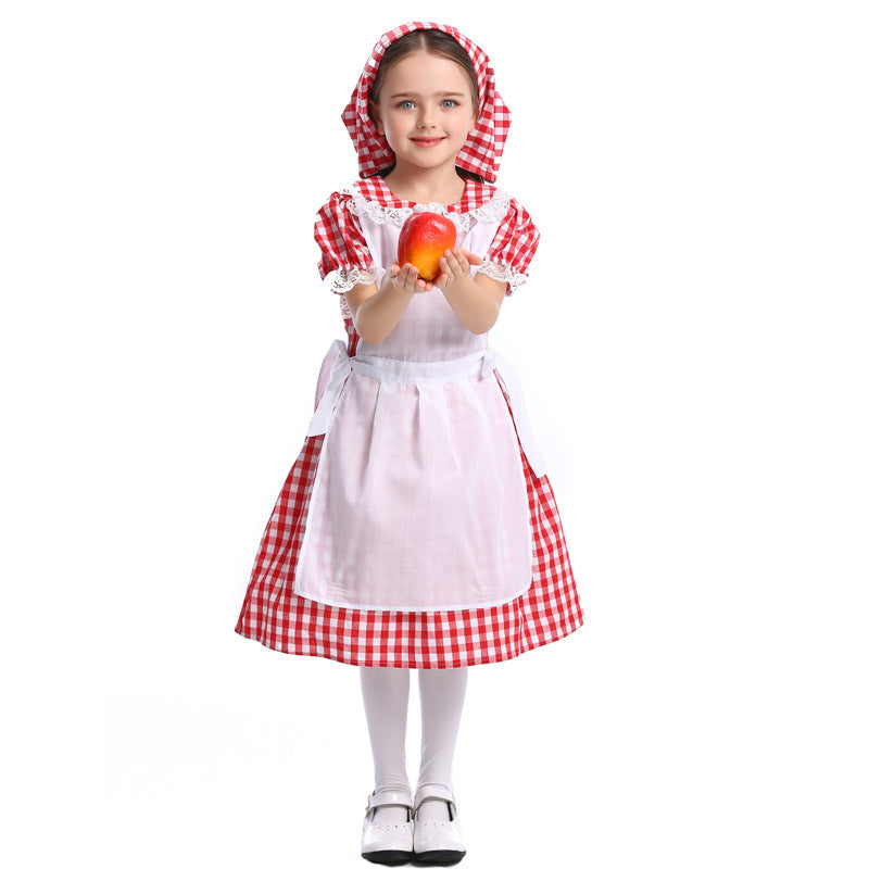 Halloween Fairy Tale Cosplay Lace Red Plaid Beer Outfit Little Maid Farm Costume