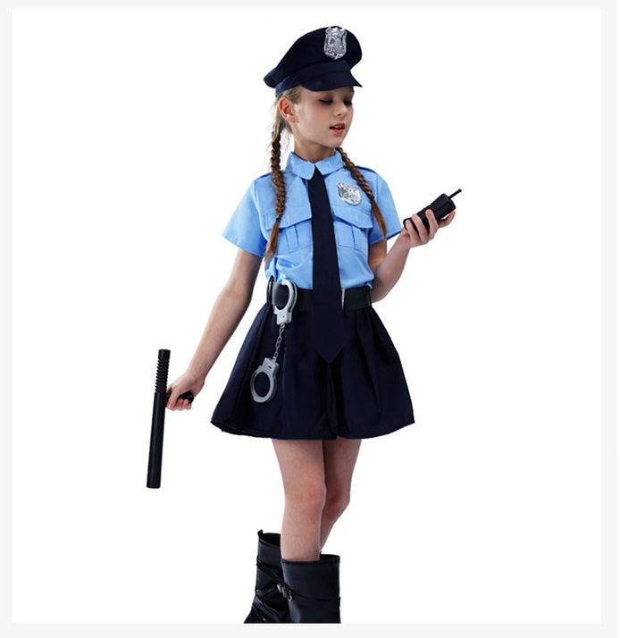 Halloween Children's Dress-up Costume Cute Police Uniform Girls' Slim-fit One-piece Long Sleeves Police Dress