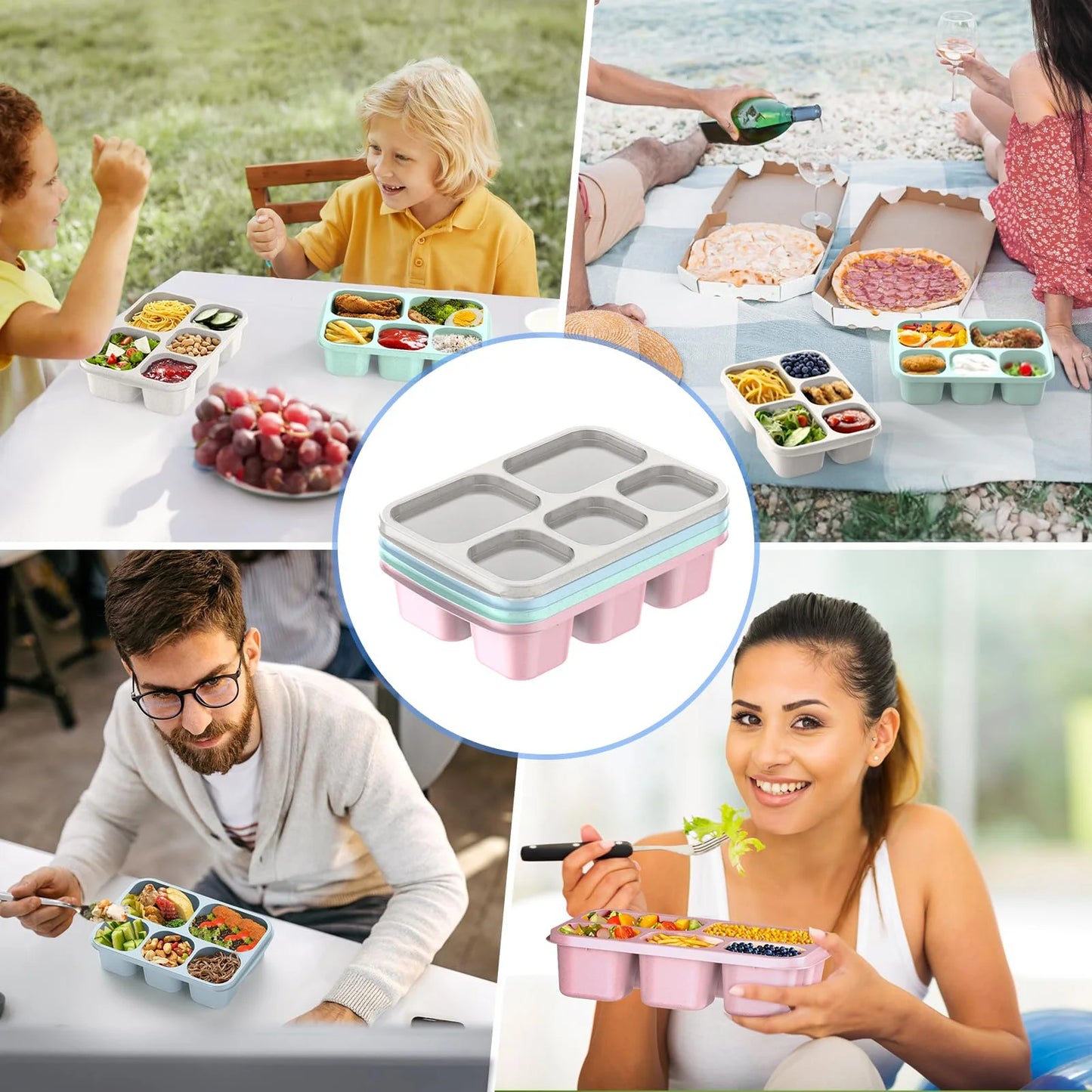 Bento Lunch Boxes, 4 Pack Bento Box, Reusable Lunch Box with 5 Compartments Meal Prep Containers, Snack Containers with Utensils & Transparent Lids, Microwave Dishwasher Safe