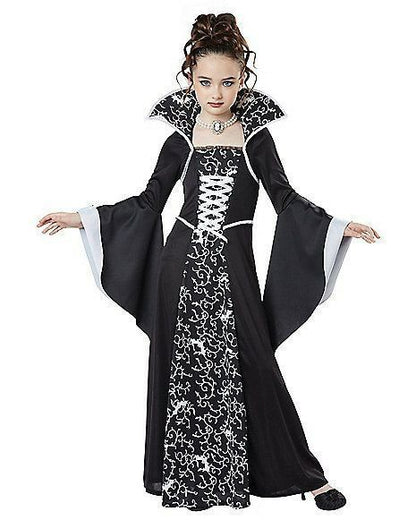 Children's Halloween Costume Witch Retro Lace Up Stand-up Collar Flared Sleeves Printed Maxi Dress