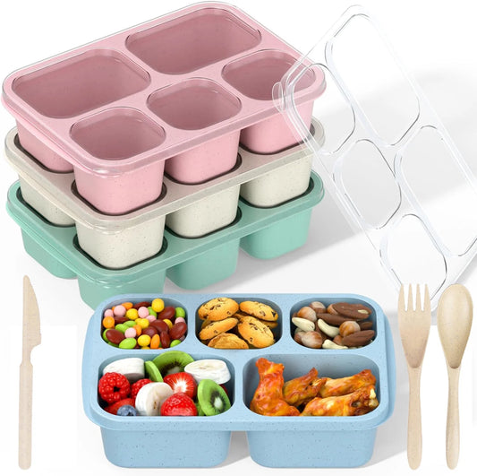 Bento Lunch Boxes, 4 Pack Bento Box, Reusable Lunch Box with 5 Compartments Meal Prep Containers, Snack Containers with Utensils & Transparent Lids, Microwave Dishwasher Safe