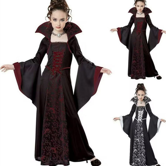 Children's Halloween Costume Witch Retro Lace Up Stand-up Collar Flared Sleeves Printed Maxi Dress