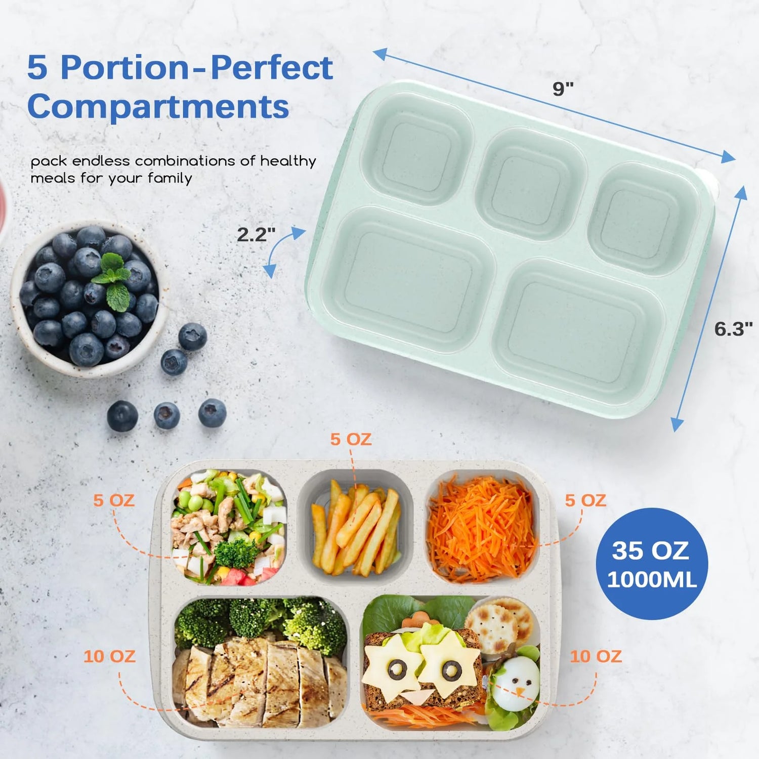 Bento Lunch Boxes, 4 Pack Bento Box, Reusable Lunch Box with 5 Compartments Meal Prep Containers, Snack Containers with Utensils & Transparent Lids, Microwave Dishwasher Safe