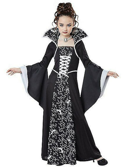 Children's Halloween Costume Witch Retro Lace Up Stand-up Collar Flared Sleeves Printed Maxi Dress